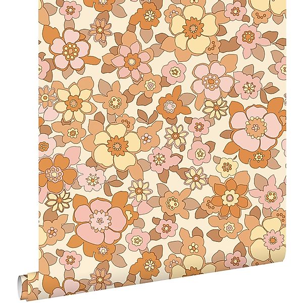 ESTAhome Tapete Retro Blumen Orange Und Rosa 50 X 900 Cm 131532 günstig online kaufen