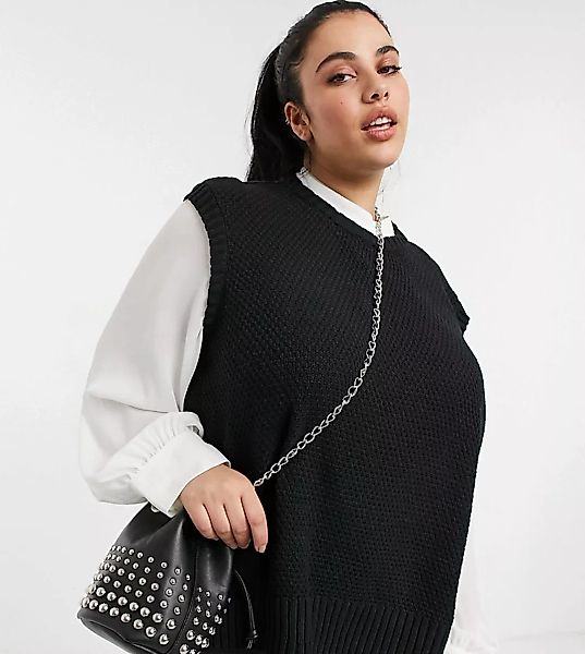 Only Curve – 2-in-1-Pullover und Weste mit Rüschenausschnitt in Schwarz günstig online kaufen