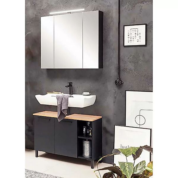 Waschplatz Set Waschbeckenunterschrank Spiegelschrank schwarz matt mit Eich günstig online kaufen
