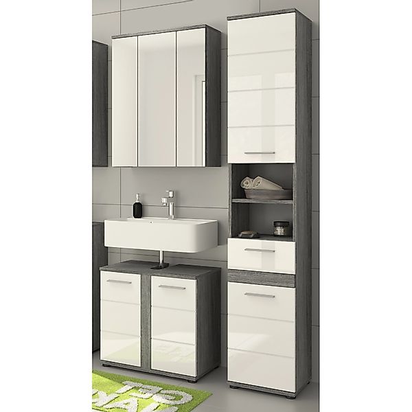 Inn.Furn Badmöbel-Set Weiß Hochglanz Grau 3-teilig 114 cm 18 Fächer Bailey günstig online kaufen