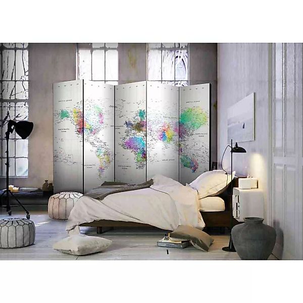 5 teiliger Paravent mit hell bunter Weltkarte 225 cm breit günstig online kaufen