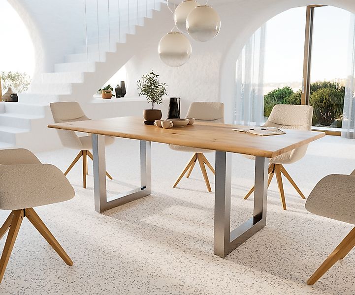 Esstisch Edge 200x100x2,5 Eiche Natur Edelstahl breit Live-Edge günstig online kaufen