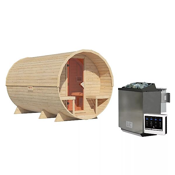 Karibu Fass-Sauna 3 Set Naturbelassen mit Ofen 9 kW Bio ext. Steuerung günstig online kaufen