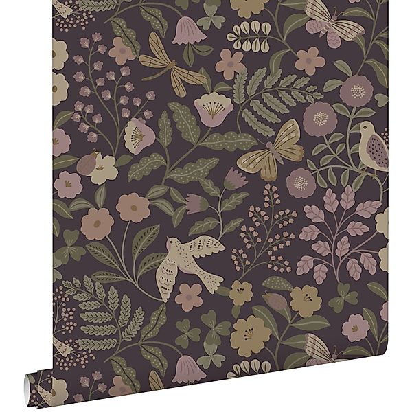 ESTAhome Tapete Blumen und Vögel Aubergineviolett Olivgrün und Violett 53 c günstig online kaufen