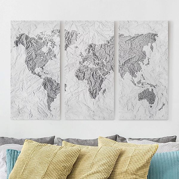 3-teiliges Leinwandbild Weltkarte - Querformat Papier Weltkarte Weiß Grau günstig online kaufen