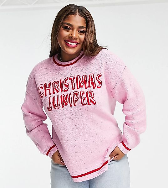ASOS DESIGN Curve – Weihnachtlicher Pullover in Rosa mit „Christmas Jumper“ günstig online kaufen