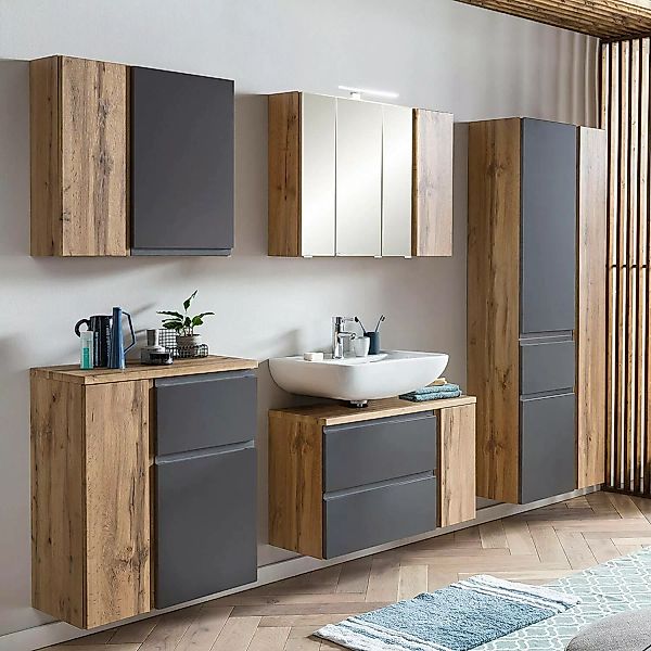 Badezimmermöbel Set, stehend oder hängend, in Wotan Eiche Nb. mit matt grau günstig online kaufen