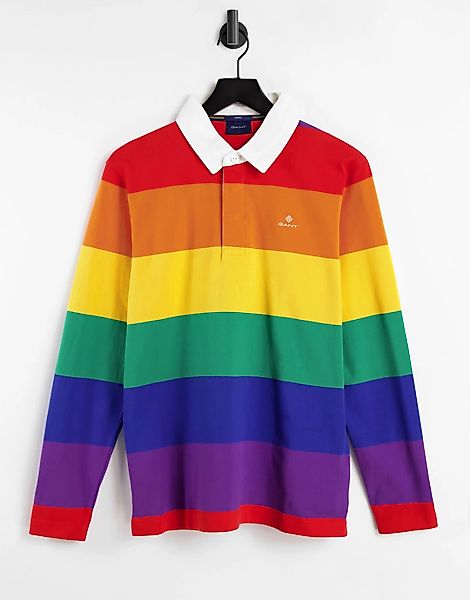 GANT – Pride Capule – Rugby-Polohemd mit mehrfarbigen Regenbogen-Blockstrei günstig online kaufen