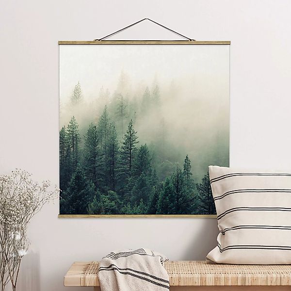 Stoffbild mit Posterleisten Wald im Nebel Erwachen günstig online kaufen