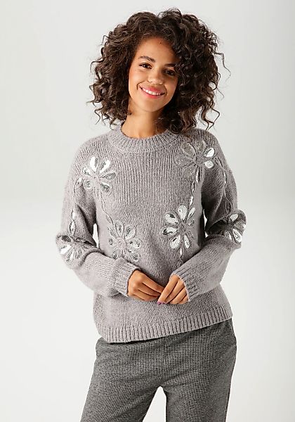 Aniston CASUAL Strickpullover, mit Pailletten verzierte Blüten-Applikatione günstig online kaufen