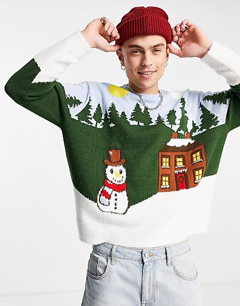 ASOS DESIGN – Weihnachtspullover mit Schneeszenen-Design-Blau günstig online kaufen