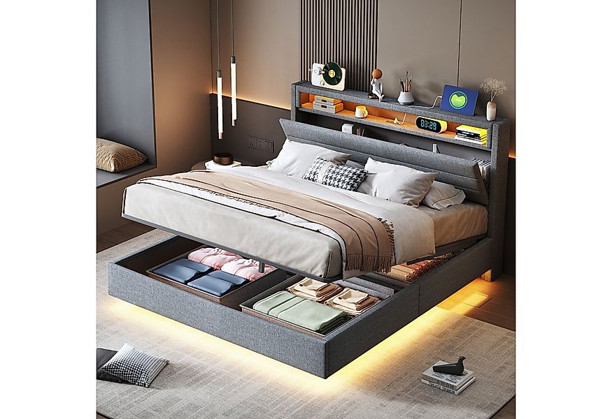 Merax Polsterbett mit hydraulischem Stauraum, Wendekopfteil und Ablagefach günstig online kaufen
