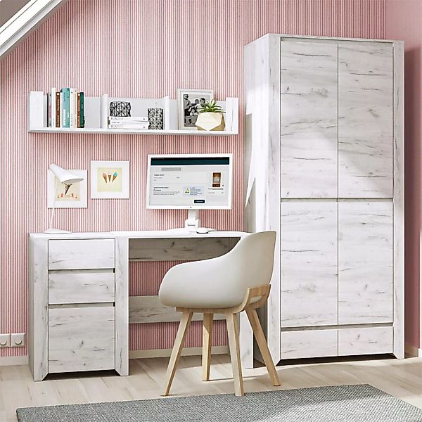 Jugendzimmer Set 3-teilig AMANTEA-129 mit Schreibtisch in weiß Eiche günstig online kaufen