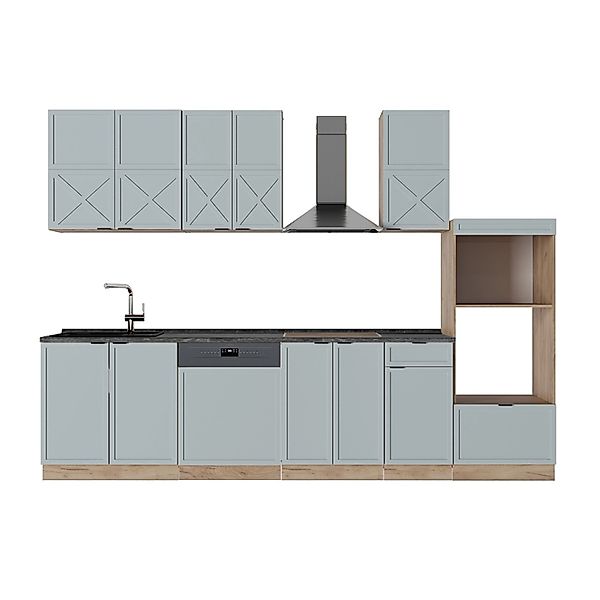Vicco Fame-Line Küchenzeile Hellblau-grau/Goldkraft Eiche 300 cm mit Hochsc günstig online kaufen