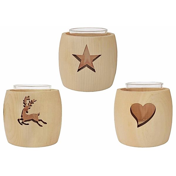 Erst-Holz Zirben Teelichthalter mit Glas und Ausschnitt Stern 3er Set günstig online kaufen