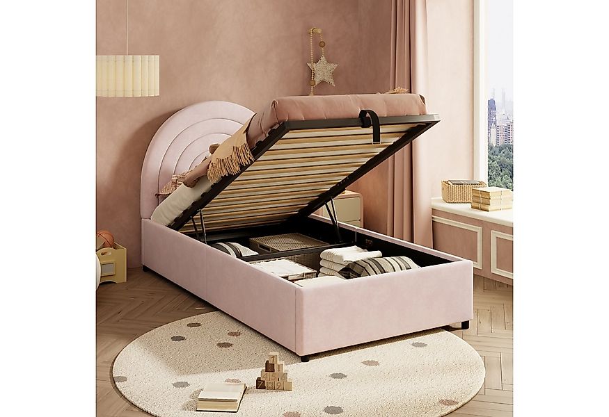 Flieks Polsterbett, Hydraulisches Kinderbett 90x200cm mit gepolstertem Kopf günstig online kaufen