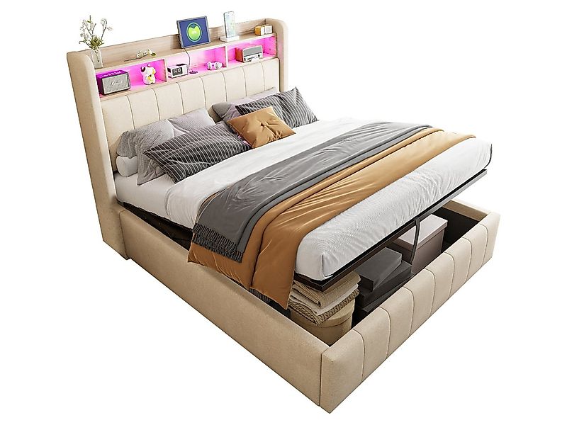 SeedWave Polsterbett LED Hydraulisches Bett Leinenbezug Stauraumbett mit La günstig online kaufen