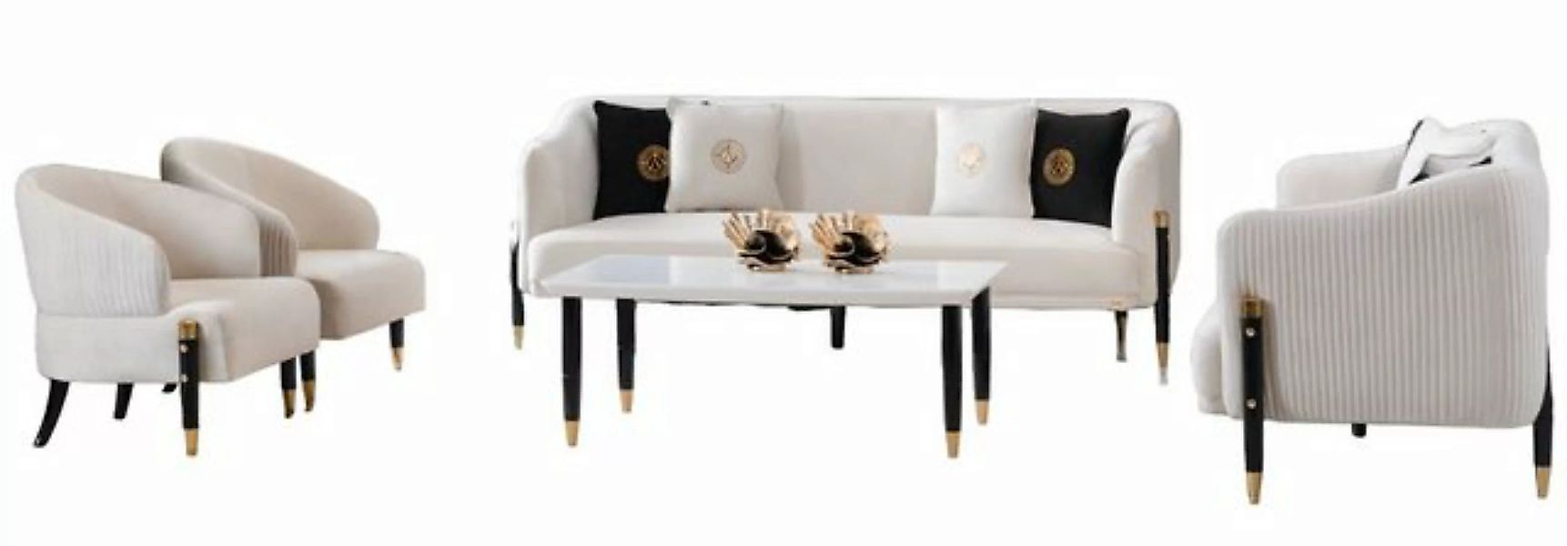 JVmoebel Sofa Weiße Sofagarnitur Design Sofas Couch Samt Polster Sitz 3+3+1 günstig online kaufen