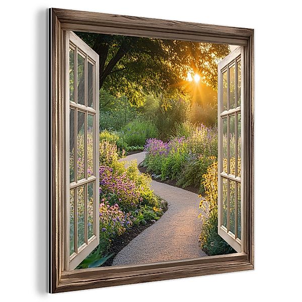 MuchoWow Metallbild Aussicht - Blumen - Gartenweg - Natur - Fenster, Inkl. günstig online kaufen