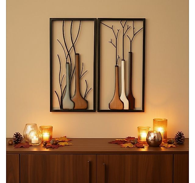 MF Wanddekoobjekt Wandbild Set Herbst Winter Vase 2 Teilig Handbemalt Metal günstig online kaufen