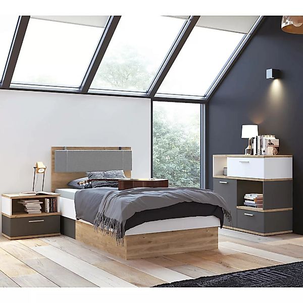 Jugendzimmer Set 3-teilig TOMAR-129 mit Bett 90x200 cm in Eiche Nb. mit wei günstig online kaufen