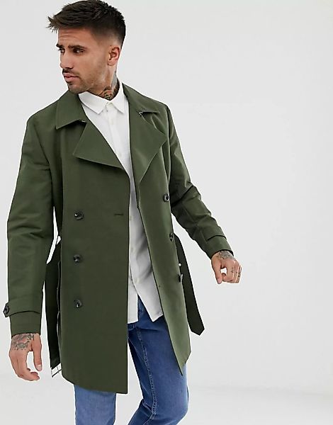 ASOS DESIGN – Regenfester, doppelreihiger Trenchcoat in Khaki-Grün günstig online kaufen