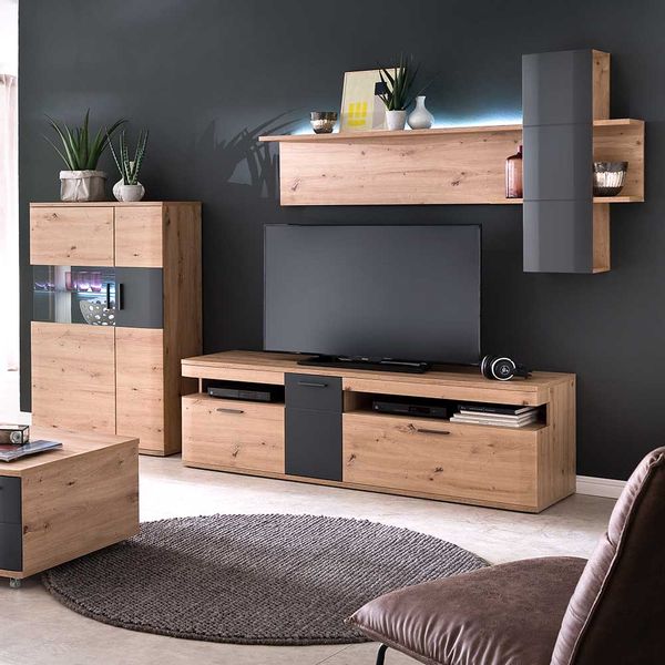 Design Wohnwand in Eichefarben Anthrazit (dreiteilig) günstig online kaufen