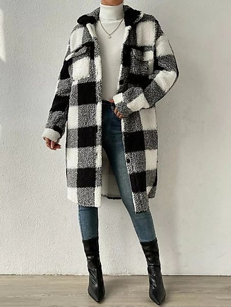 RUZU UG Wintermantel Damen Winterjacke Karierter Mantel Plüschknöpfen Fleec günstig online kaufen