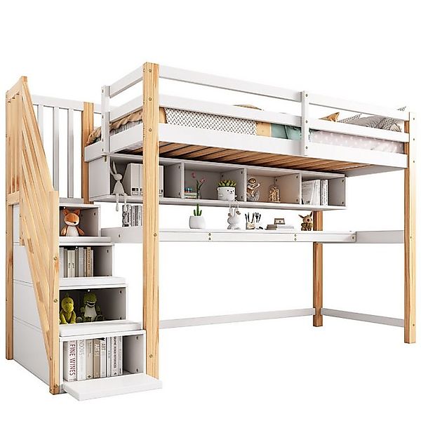 Rutaqian Kinderbett Kinderhochbett mit Stauraumtreppe 90*200cm, Massivholz+ günstig online kaufen