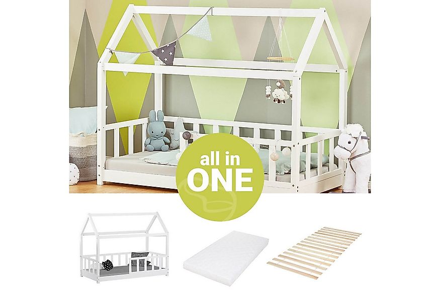 Homestyle4u Hausbett 80x160 cm Kinderbett Bodenbett Holzbett Weiß Kleinkind günstig online kaufen