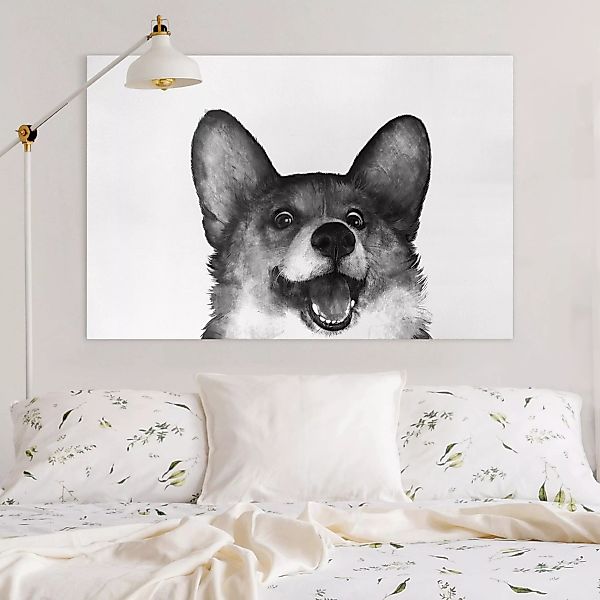 Leinwandbild Tiere - Querformat Illustration Hund Corgi Weiß Schwarz Malere günstig online kaufen