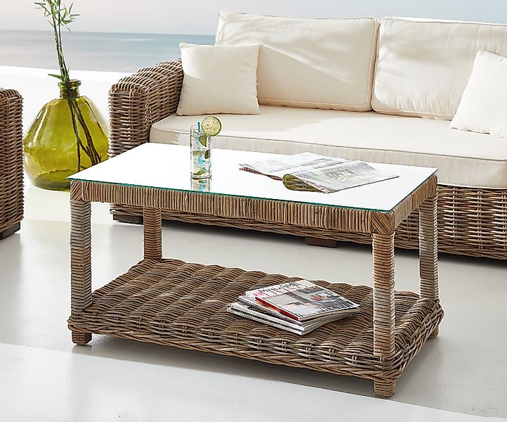 Loungetisch Nizza 100x50 cm Rattan grau Glasplatte günstig online kaufen