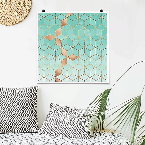 Poster Abstrakt - Quadrat Türkis Weiß goldene Geometrie günstig online kaufen