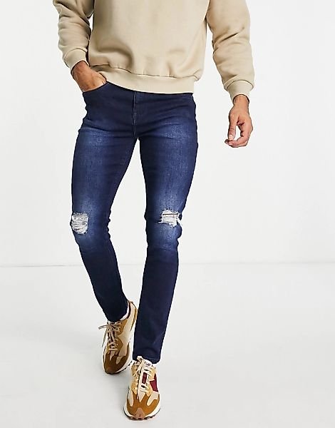 Another Influence – Eng geschnittene Jeans in Mittelblau mit Zierrissen günstig online kaufen