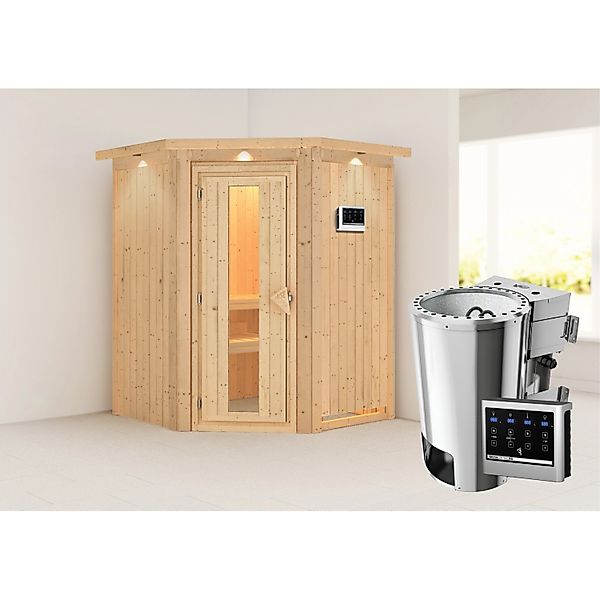 Karibu Sauna mit Bio-Ofen externe Stg.Easy LED-Dachkranz Natur günstig online kaufen