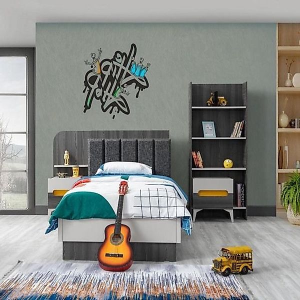 Xlmoebel Bett Kinderzimmer Bett Set mit Nachttisch und Bücherregal aus grau günstig online kaufen