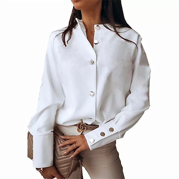 RUZU UG Langarmhemd Frühling Mode Frauen Shirt Button Solid Rundhals Vielse günstig online kaufen