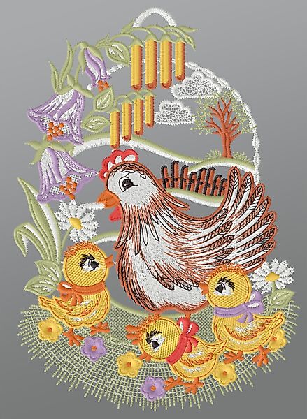 Plauener Spitze® Fensterbild Hühnerfamilie, HxB 28x20cm günstig online kaufen