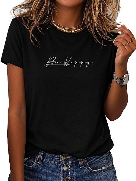 RMK T-Shirt Damen Shirt Rundhals Basic Be Happy Glücklich sein aus Baumwoll günstig online kaufen