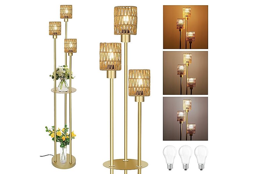 Sunicol Stehlampe Rattan Stehlampe mit Metall Regal, mit 3 Glühbirnen, 3 Fa günstig online kaufen