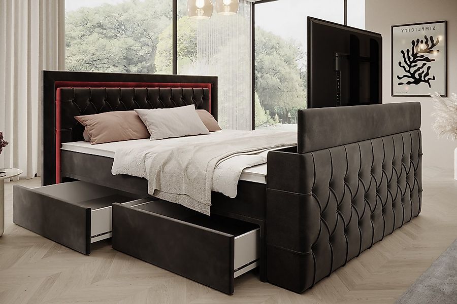 PROMETO Möbel Boxspringbett Doppelbett mit Matratze, Schubladen TV-Lift LED günstig online kaufen