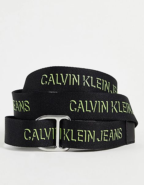 Calvin Klein Jeans – Gürtel mit D-Ring-Schiebeschnalle in Schwarz mit limet günstig online kaufen
