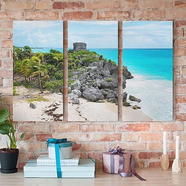 3-teiliges Leinwandbild Strand - Querformat Karibikküste Tulum Ruinen günstig online kaufen