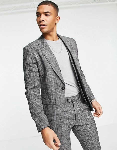 Topman – Zweireihige Anzugjacke in Grau mit engem Schnitt und Karomuster günstig online kaufen