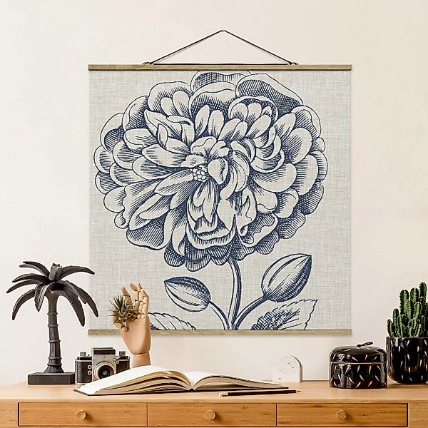 Stoffbild Blumen mit Posterleisten - Quadrat Indigo Blüte auf Leinen III günstig online kaufen