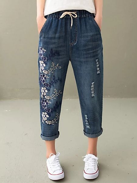 Vintage Jeans mit Blumenstickerei und Tunnelzug günstig online kaufen