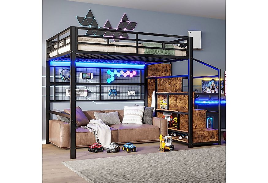 Merax Hochbett 140x200 cm mit LED-Beleuchtung (Doppelbett Jugendbett Kinder günstig online kaufen