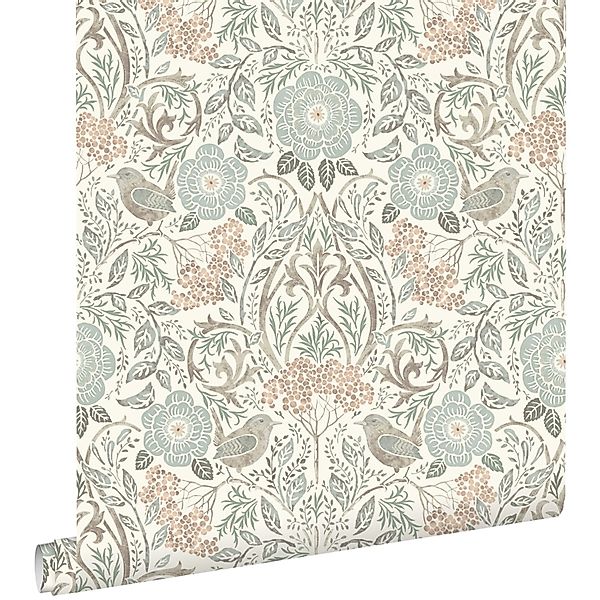 ESTAhome Tapete Blumen und Vögel im Jugendstil Graugrün Braun und Pfirsichr günstig online kaufen
