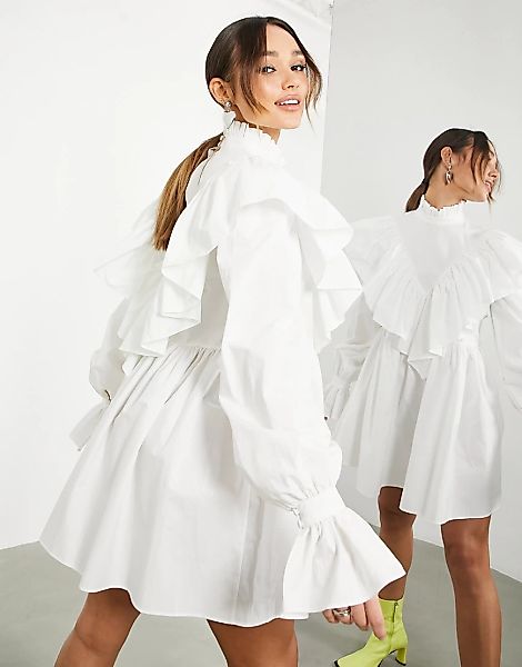 ASOS EDITION – Hochgeschlossenes Minikleid in Weiß mit übergroßen Bündchen günstig online kaufen