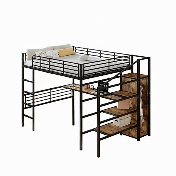 Flieks Hochbett Kinderbett Metallbett 90x200cm mit Schreibtisch und Kleider günstig online kaufen